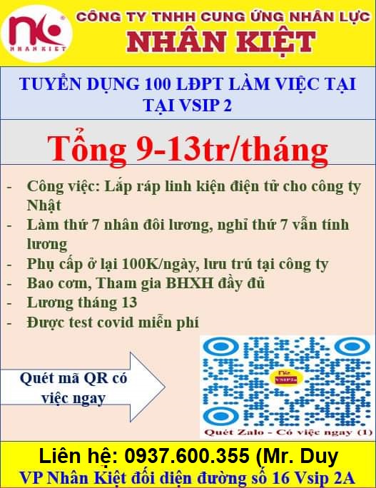 TUYỂN DỤNG LĐPT KCN VSIP2 _ O