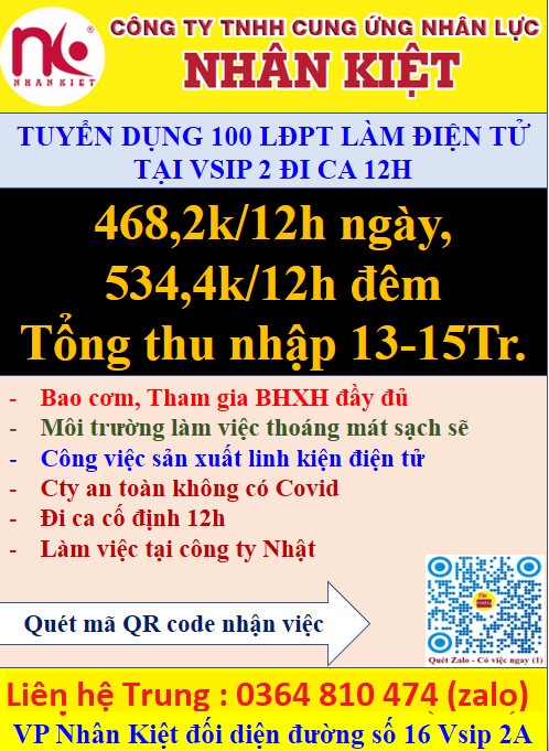 TUYỂN DỤNG GẤP 100 LĐPT LƯƠNG CAO LÀM TẠI CÔNG TY ĐIỆN TỬ