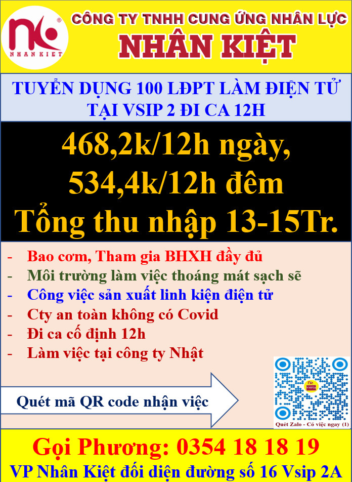 TUYỂN 100 LĐPT ĐIỆN TỬ TẠI ĐƯỜNG SỐ 16 VSIP2A