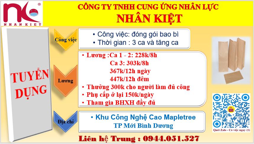 TUYỂN LAO ĐỘNG PHỔ THÔNG LÀM VIỆC TẠI BAO BÌ GIẤY