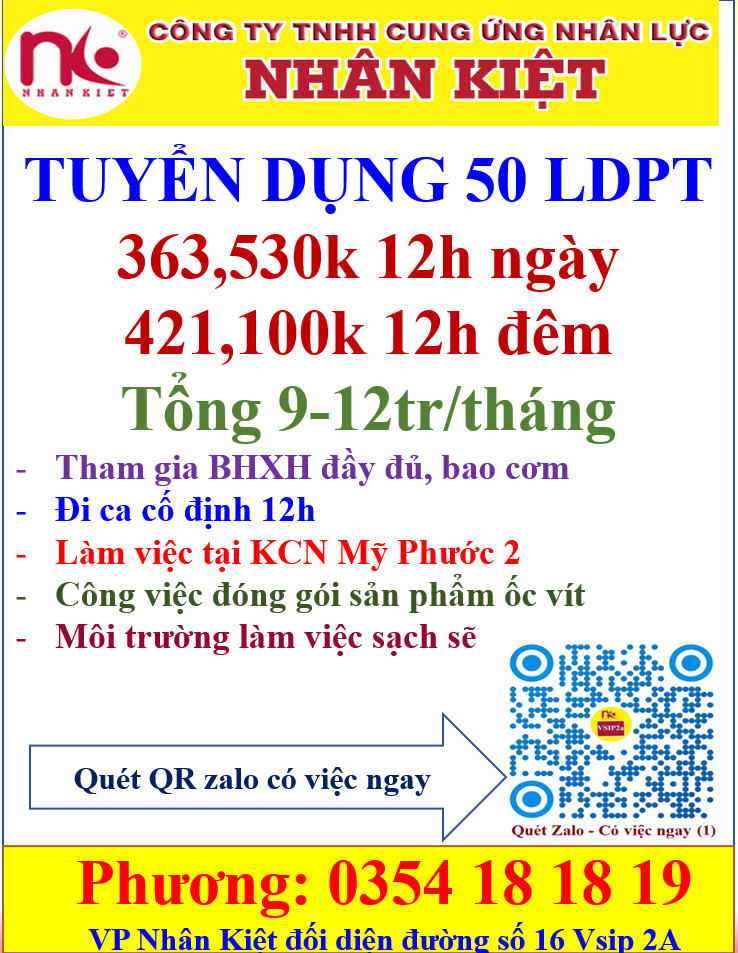 TUYỂN LĐPT ĐÓNG GÓI LÀM VIỆC TẠI ĐƯỜNG DA4 - MỸ PHƯỚC 2