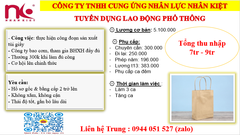 TUYỂN LAO ĐỘNG PHỔ THÔNG LÀM VIỆC TẠI BAO BÌ GIẤY