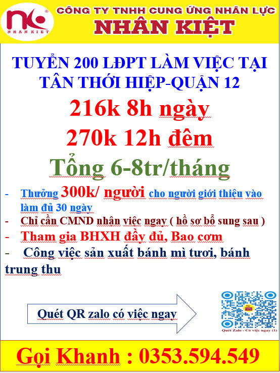 TUYỂN DỤNG 200 LAO ĐỘNG PHỔ THÔNG