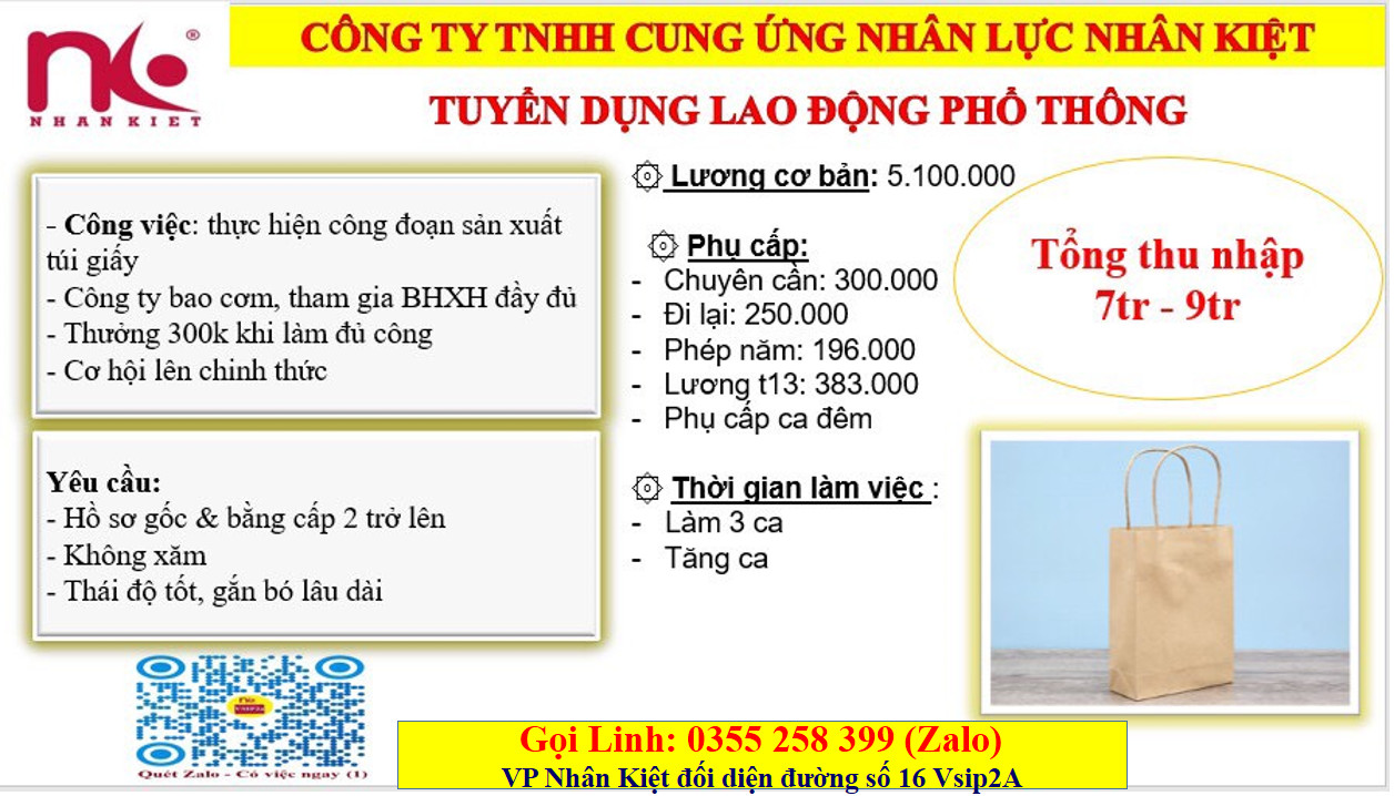 NHÂN KIỆT TUYỂN 100 LĐPT LÀM BAO BÌ GIẤY TẠI VSIP2