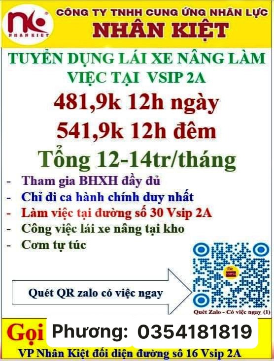 TUYỂN LĐPT XE NÂNG LÀM VIỆC TẠI ĐƯỜNG VSIP2A