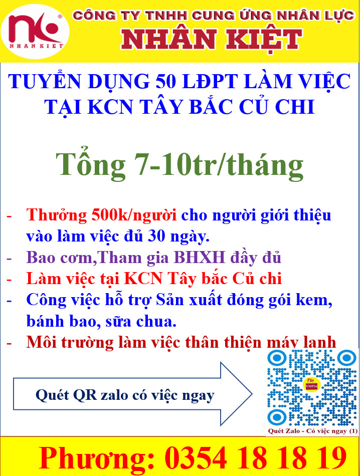 Tuyển dụng 50 LĐPT làm việc tại KCN Tây Bắc - Củ Chi