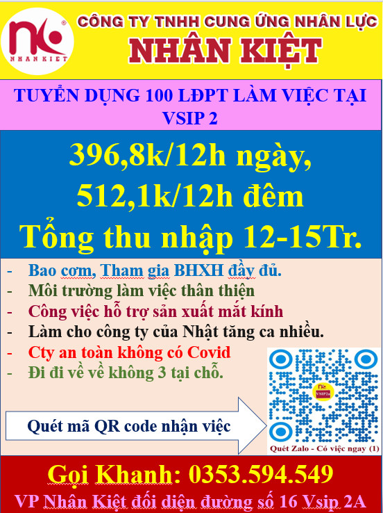 TUYỂN 150 LĐPT LÀM VIỆC TẠI VISIP2A