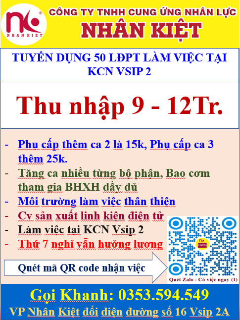 CÔNG TY TUYỂN 300 LĐPT LÀM VIỆC TẠI VISIP 2A