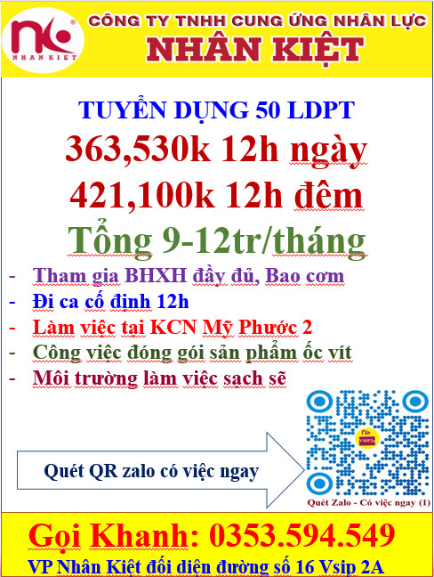 CẦN TUYỂN 350 LĐPT LÀM VIỆC TẠI VISIP 2A
