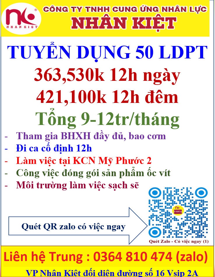 NHÂN KIỆT TUYỂN DỤNG 50 LĐPT LÀM VIỆC TẠI MỸ PHƯỚC 2