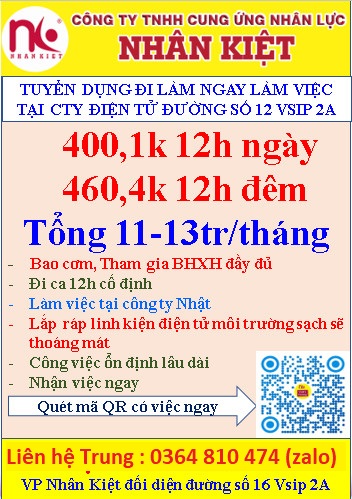 CÔNG TY NHÂN KIỆT CẦN TUYỂN GẤP 100 LĐPT LÀM LINH KIỆN ĐIỆN TỬ ĐƯỜNG SỐ 12