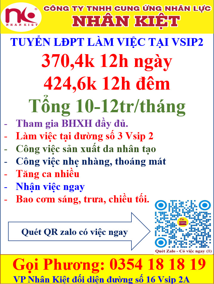 Tuyển 100 LĐPT làm việc tại Vsip2 BKS