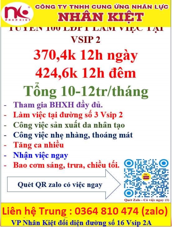CÔNG TY NHÂN KIỆT CẦN TUYỂN 70 LĐPT LÀM TẠI ĐƯỜNG SỐ 3