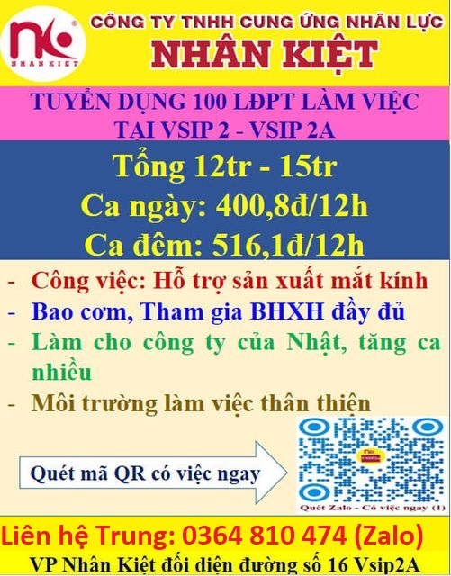 Nhân Kiệt tuyển 150 LĐPL sản xuất mặt kính KCN VISIP2
