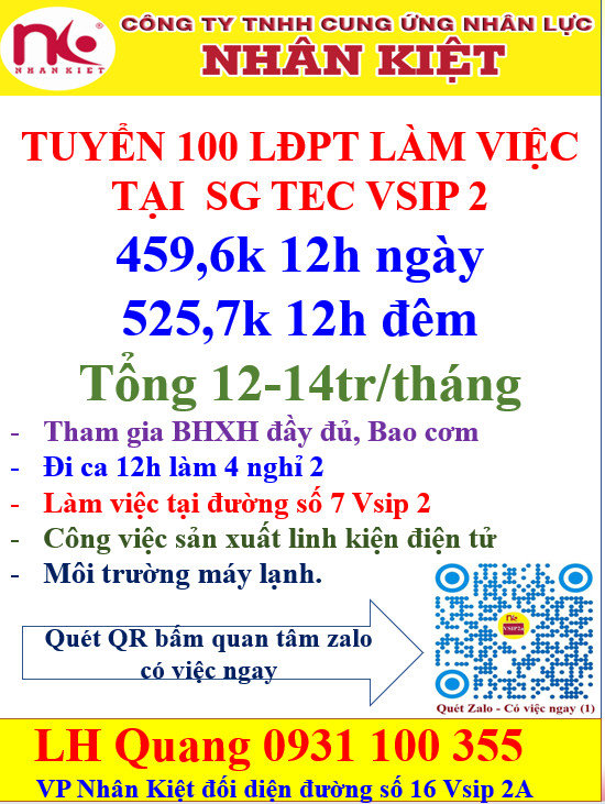 TUYỂN DỤNG LĐPT LÀM VIỆC TẠI SG TEC