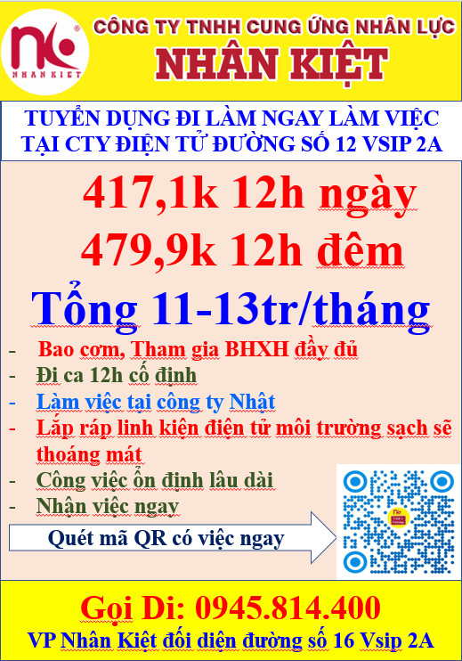 CÔNG TY NHÂN KIỆT TUYỂN 50 LAO ĐỘNG PHỔ THÔNG LÀM LINH KIỆN ĐIỆN TỬ TẠI ĐƯỜNG SỐ 12 VSIP 2A