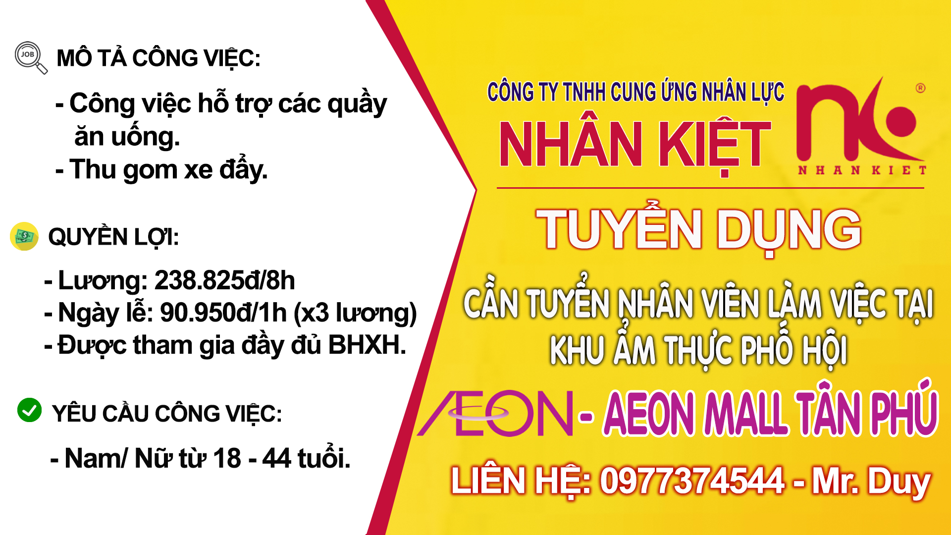 TUYỂN NHÂN VIÊN LÀM VIỆC TẠI TTTM AEON TÂN PHÚ