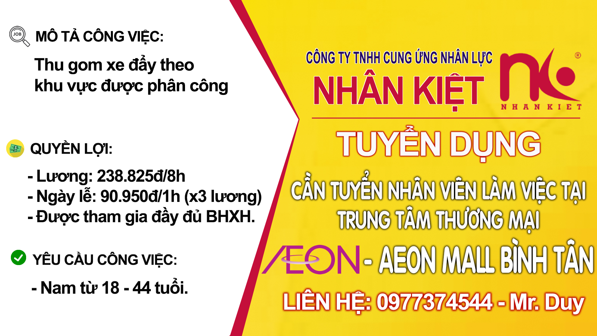 TUYỂN NHÂN VIÊN LÀM VIỆC TẠI TRUNG TÂM THƯƠNG MẠI AEON BÌNH TÂN