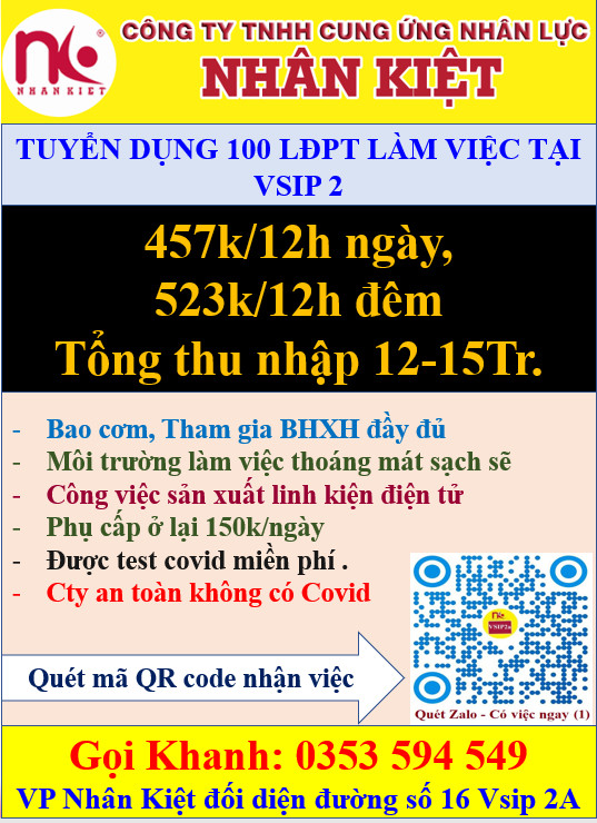 TUYỂN DỤNG 100 LĐPT  LÀM ĐIỆN TỬ LƯƠNG CAO VISP 2