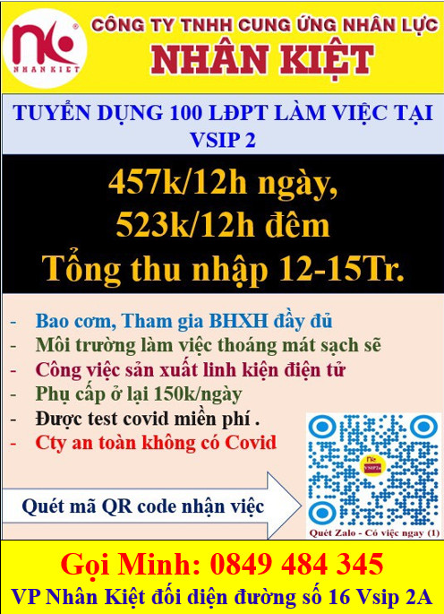 Nhân Kiệt tuyển dụng 150 LĐPT làm việc tại đường 16 VSIP 2A