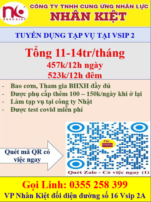 CÔNG TY NHÂN KIỆT CẦN TUYỂN GẤP 20 TẠP VỤ