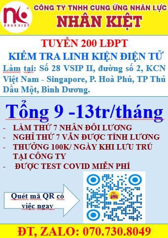OR- TUYỂN 200 LĐPT-  KIỂM TRA LINH KIỆN THIẾT BỊ Y TẾ ( MÁY ĐO HUYẾT ÁP…)