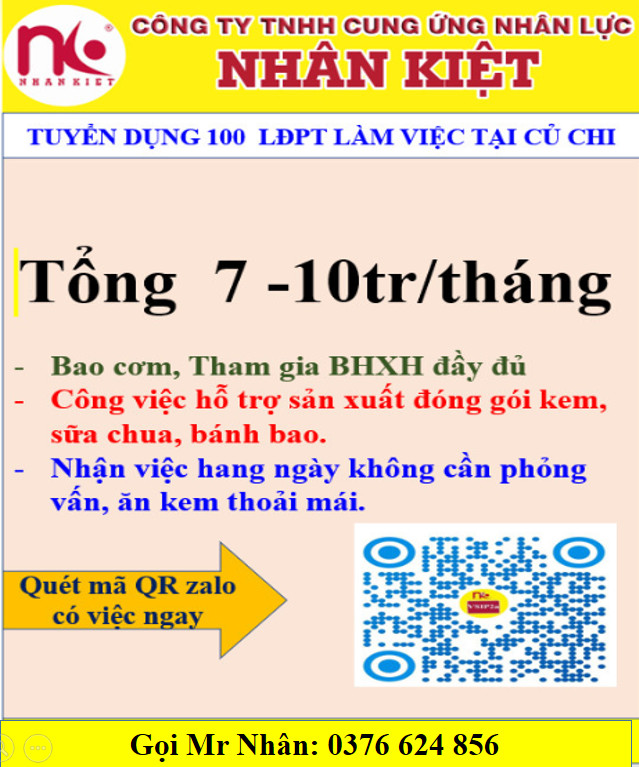 NHÂN KIỆT TUYỂN DỤNG 100 LĐPT TẠI CỦ CHI