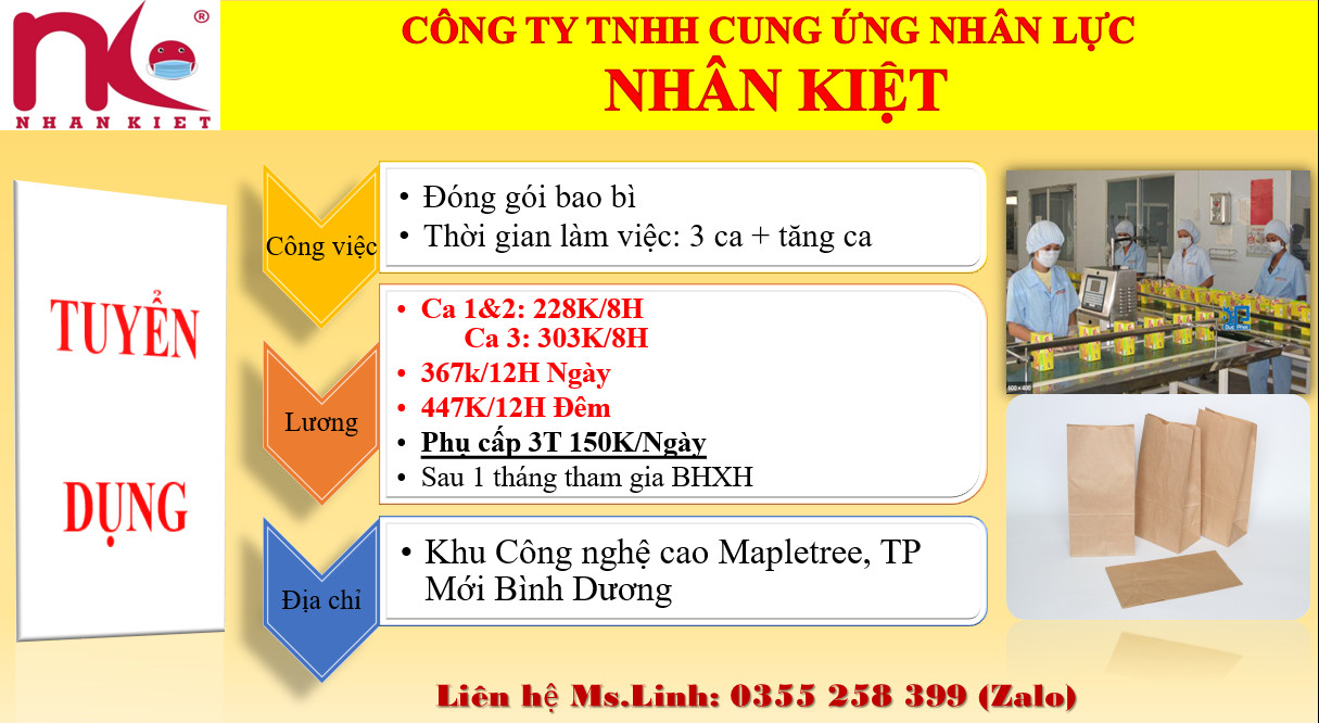 NHÂN KIỆT TUYỂN DỤNG 100 LĐPT LÀM BAO BÌ GIẤY TẠI VSIP2