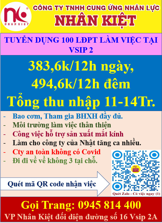 Nhân Kiệt Tuyển dụng 100 LĐPT Làm Mắt Kính Cho Cty Nhật