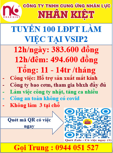 NHÂN KIỆT TUYỂN DỤNG 100 LĐPT LÀM VIỆC TẠI CÔNG TY NHẬT ĐƯỜNG SỐ 4 -VSIP2