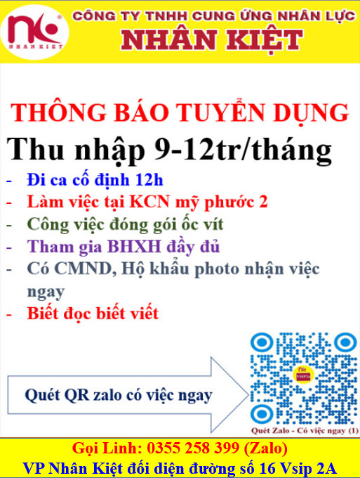 NHÂN KIỆT TUYỂN DỤNG 50 LĐPT LÀM VIỆC TẠI MỸ PHƯỚC 2