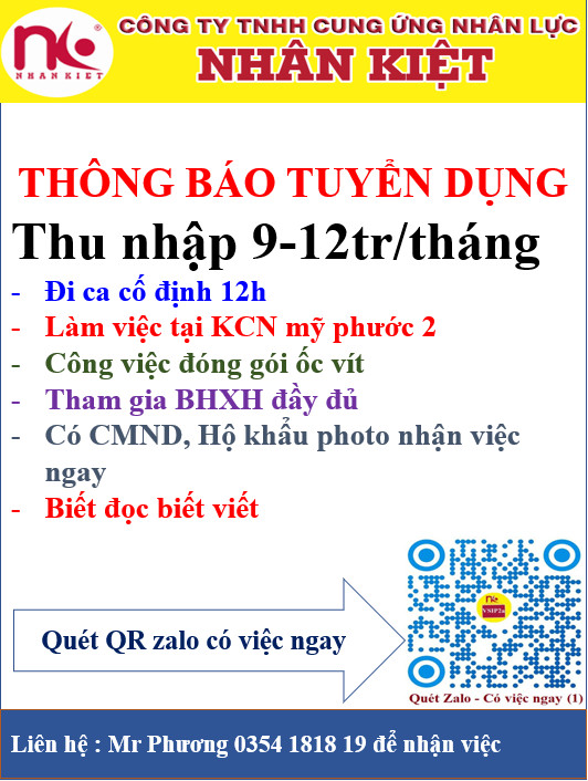 Nhân Kiệt tuyển dụng LĐPT tại KCN Mỹ Phước