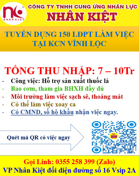 TUYỂN DỤNG LĐPT KCN VĨNH LỘC