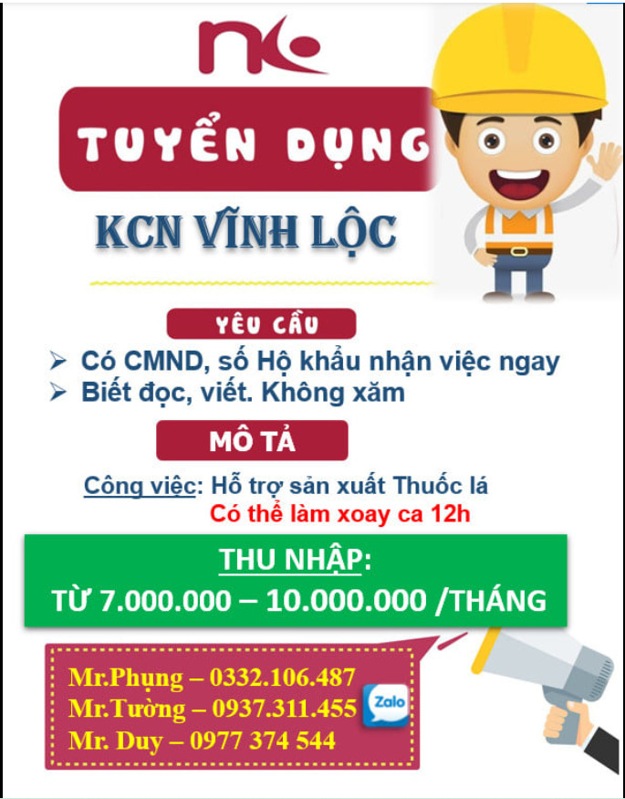 NHÂN KIỆT TUYỂN DỤNG TẠI KCN VĨNH LỘC