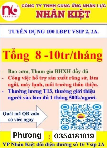 Tuyển dụng 100 LĐPT làm việc hỗ trợ sản xuất răng sứ tại đường dân chủ Vsip2a