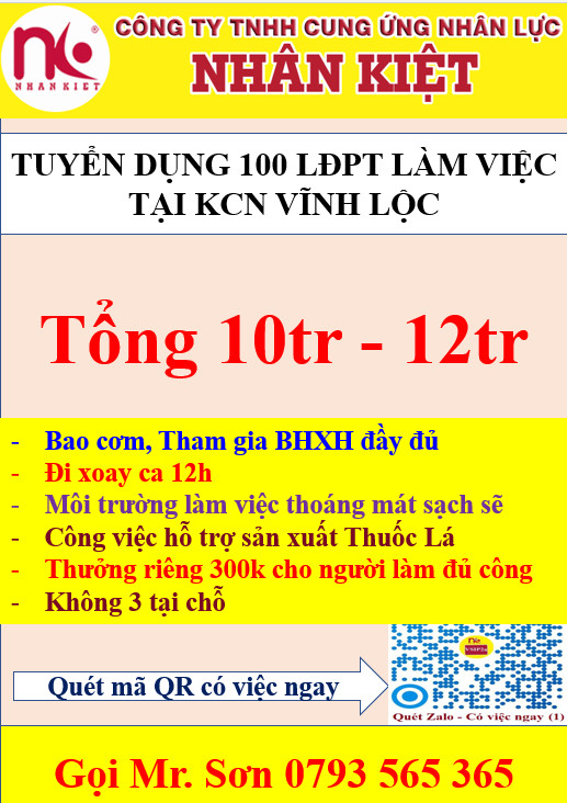 TUYỂN DỤNG LĐPT KCN VĨNH LỘC