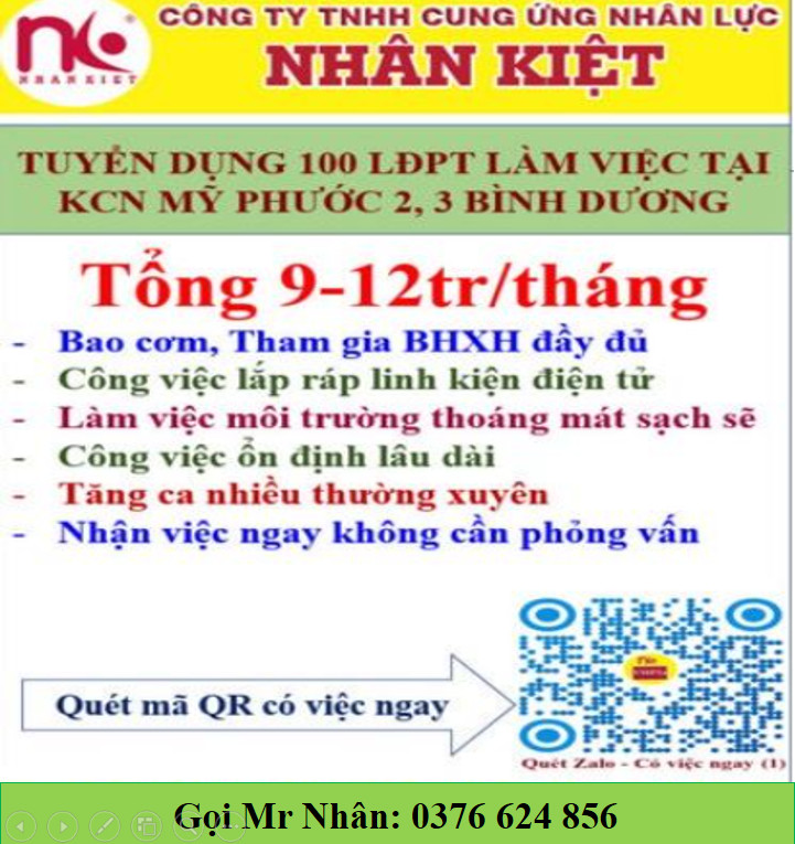 NHÂN KIỆT TUYỂN DỤNG 100 LĐPT LÀM VIỆC TẠI MỸ PHƯỚC 2, 3