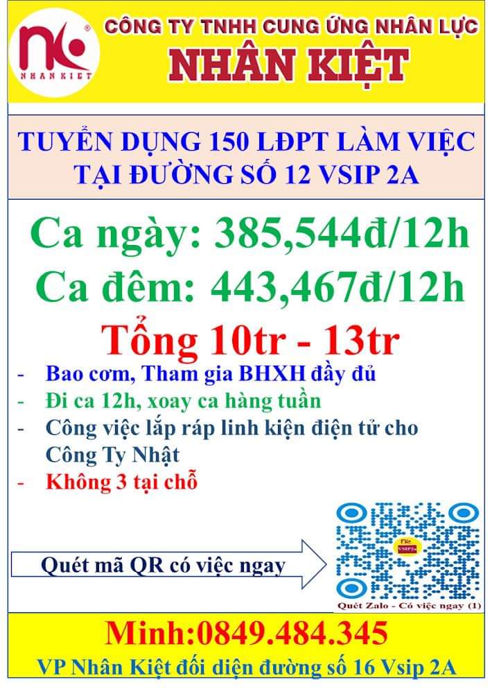 TUYỂN 100 LĐPT LÀM ĐIỆN TỬ ĐƯỜNG 12 VSIP 2A
