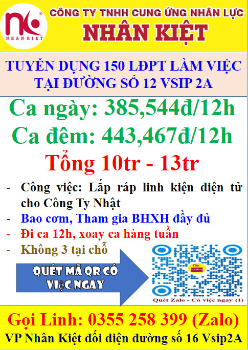 CÔNG TY NHÂN KIỆT CẦN TUYỂN GẤP 100 LĐPT LÀM LINH KIỆN ĐIỆN TỬ ĐƯỜNG SỐ 12 - VSIP 2A