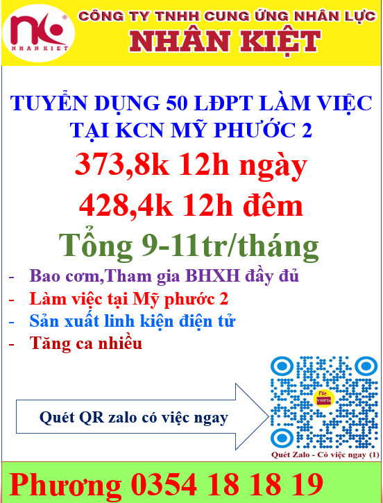 TUYỂN 50 LĐPT LÀM ĐIỆN TỬ TẠI KCN MỸ PHƯỚC 2