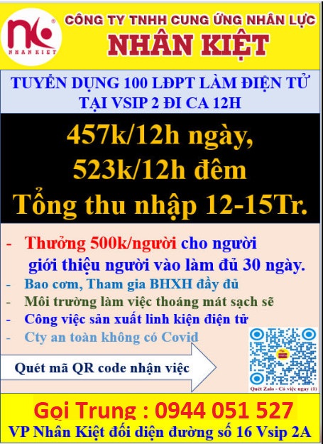 TUYỂN DỤNG GẤP 100 LĐPT LƯƠNG CAO LÀM TẠI CÔNG TY ĐIỆN TỬ