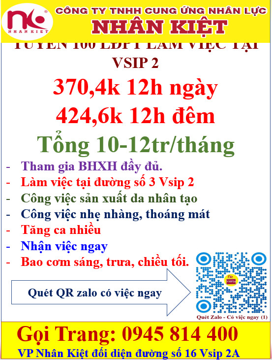 TUYỂN 100 LĐPT LÀM VIỆC TẠI ĐƯỜNG SỐ 3 VSIP 2