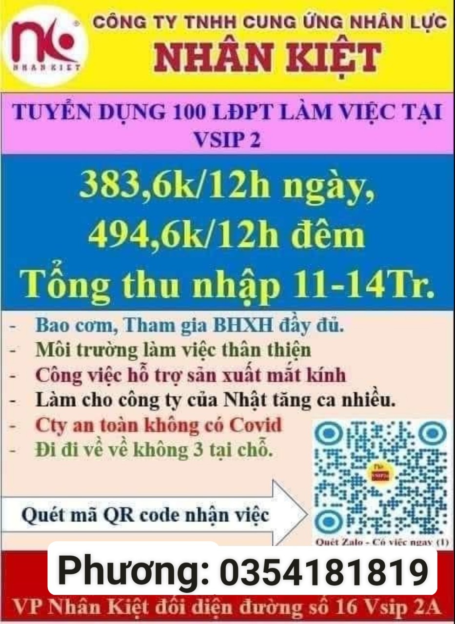 Nhân Kiệt tuyển 150 LĐPL sản xuất mặt kính KCN VISIP2
