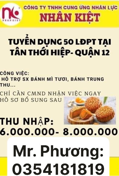 TUYỂN DỤNG 50 LĐPT LÀM VIỆC TẠI TÂN THỚI HIỆP- QUẬN 12