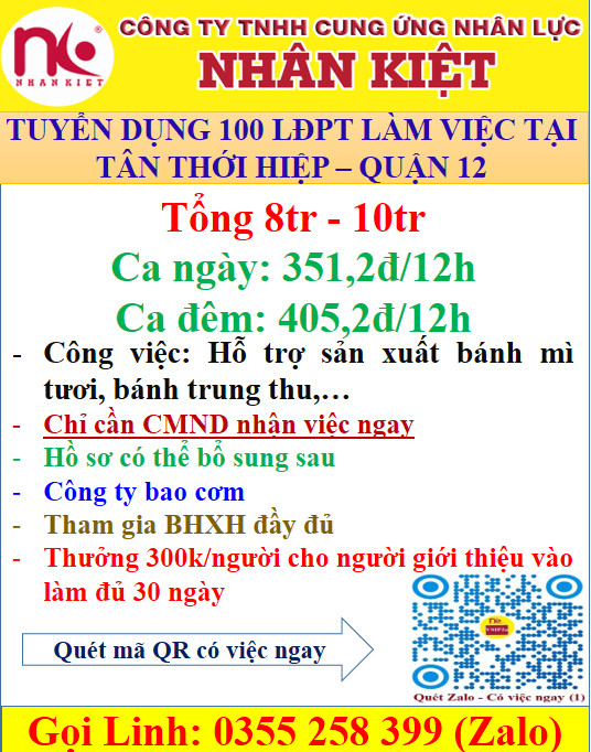 TUYỂN 100 LĐPT LÀM VIỆC TẠI TÂN THỚI HIỆP - QUẬN 12