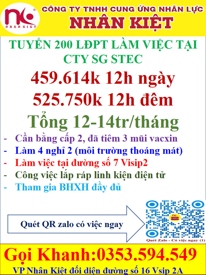 TUYỂN DỤNG 200 LĐPT LÀM VIỆC TẠI CTY SG STEC