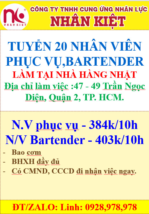 TUYỂN NHÂN VIÊN PHỤC VỤ, BARTENDER - LÀM TẠI NHÀ HÀNG NHẬT Q2