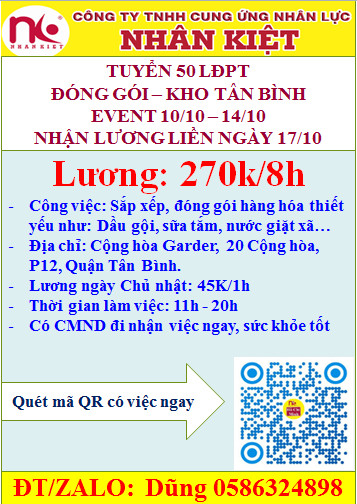 TUYỂN 50 NAM/NỮ THỜI VỤ LƯƠNG LIỀN KHO TÂN BÌNH