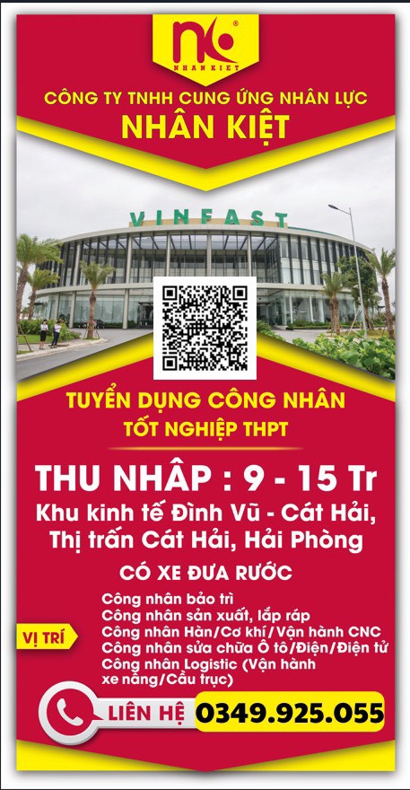 CÔNG TY NHÂN KIỆT CẦN TUYỂN 1000 LĐPT LÀM VIỆC TẠI NHÀ MÁY VINFAST HẢI PHÒNG