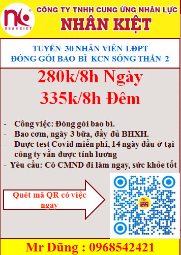TUYỂN 30 LĐPT ĐÓNH GÓI BAO BÌ TẠI KCN SÓNH THẦN 2 DĨ AN